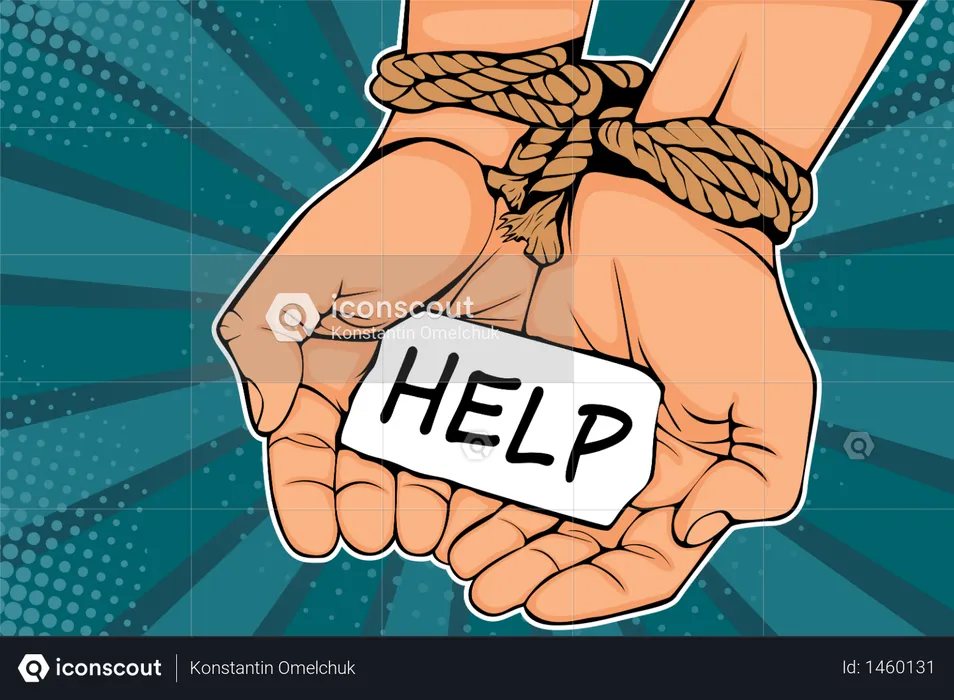 Male hands tied with rope and description Help  Illustration