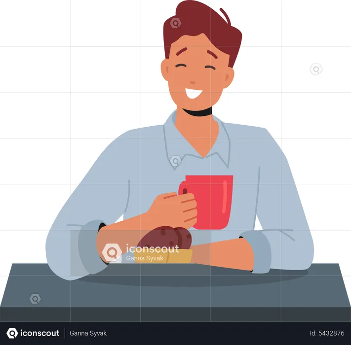 Male Having Chocolate Cookies and Coffee  Illustration