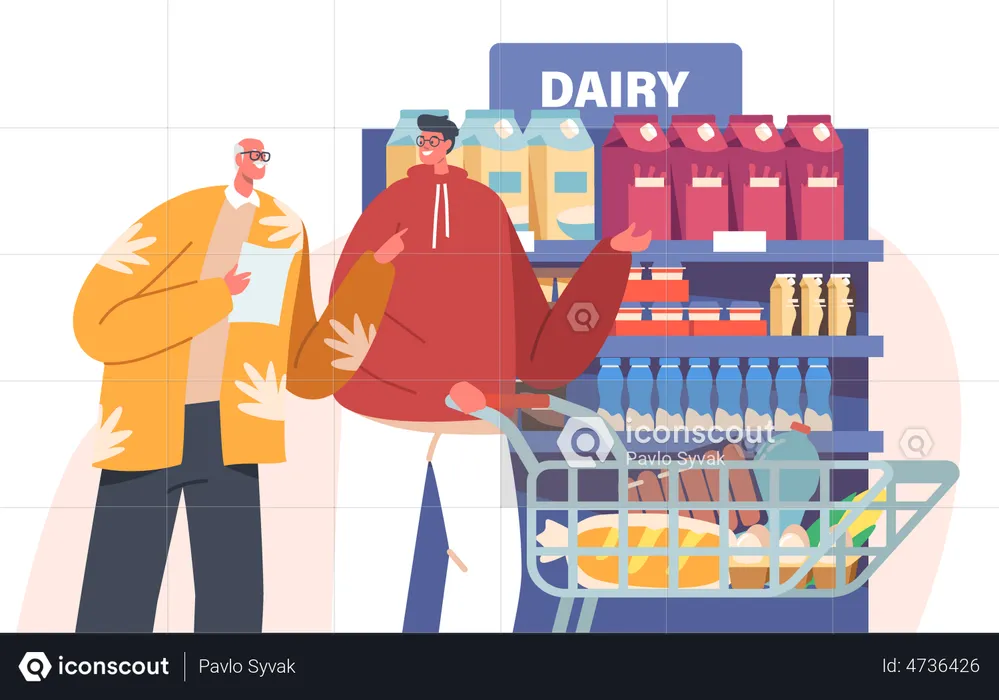 Male Helping Aged Pensioner to Buy Grocery Products in Store  Illustration