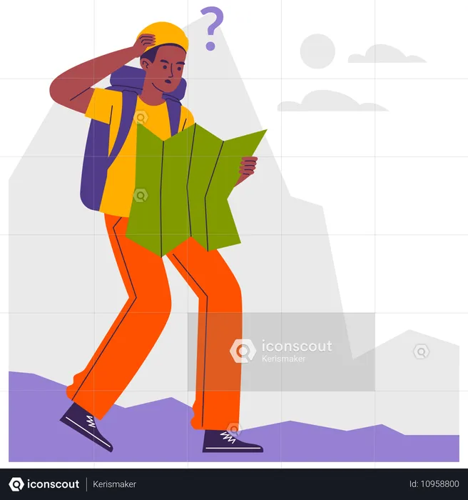 Male hiker lost and finding route on map  Illustration