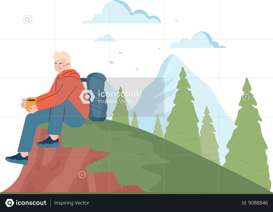 Male hiker sitting at top of montain  Illustration