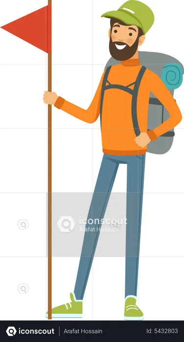 Male hiker with flag  Illustration