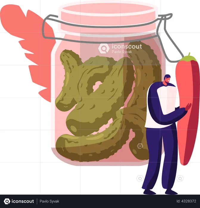 Male Holding Red Chili Pepper Stand at Glass Jar with Marinated Cucumbers  Illustration