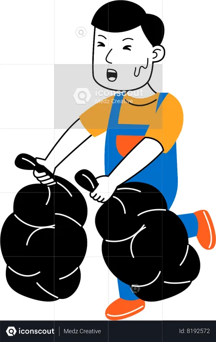 Male housekeeper carry rubbish in plastic  Illustration