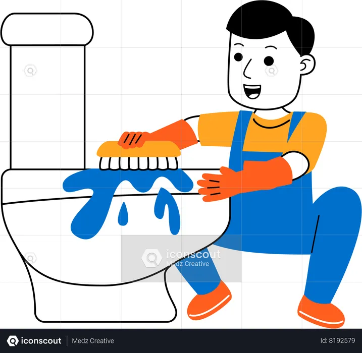 Male housekeeper cleaning toilet  Illustration