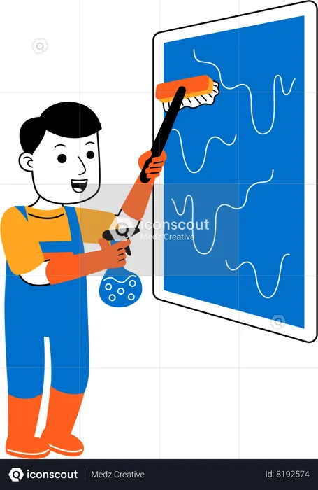 Male housekeeper cleaning window  Illustration