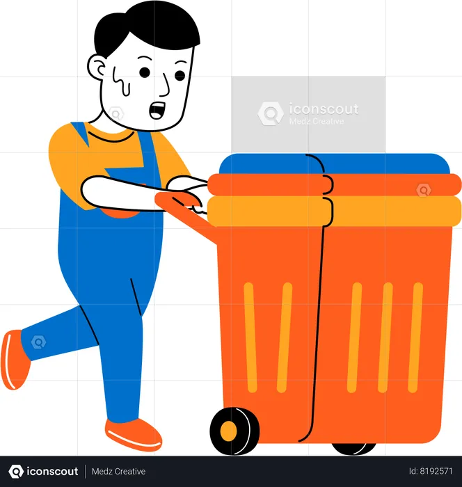 Male housekeeper pushing trash can  Illustration