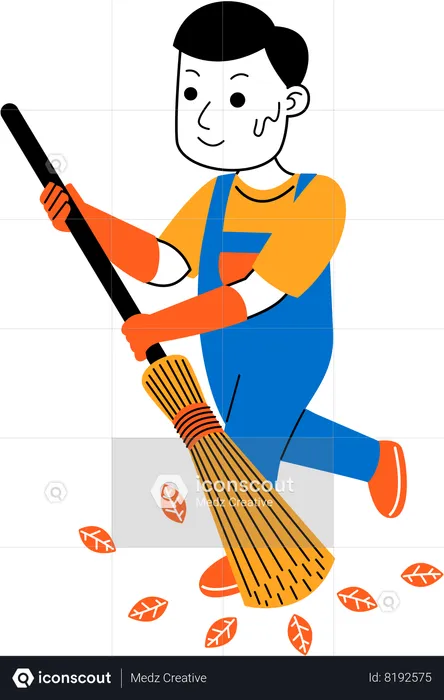 Male housekeeper sweeping yard  Illustration