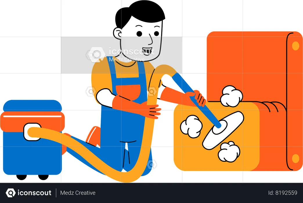 Male housekeeper vacuuming sofa  Illustration