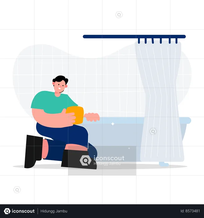Male housekeeping worker cleaner cleaning the bathtub  Illustration