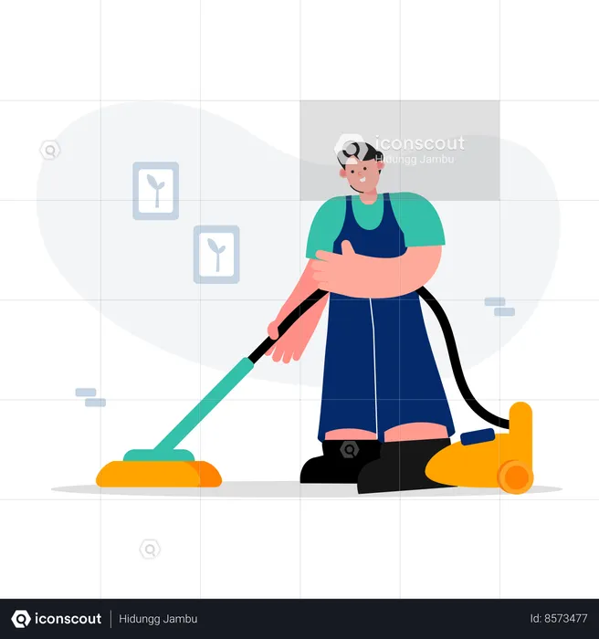 Male housekeeping worker vacuuming the floor  Illustration