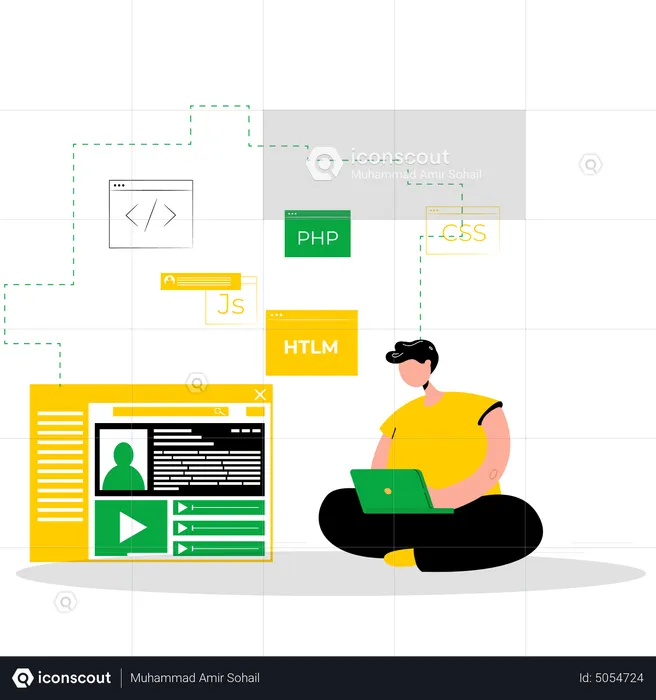 Male HTML developer working on website PHP  Illustration