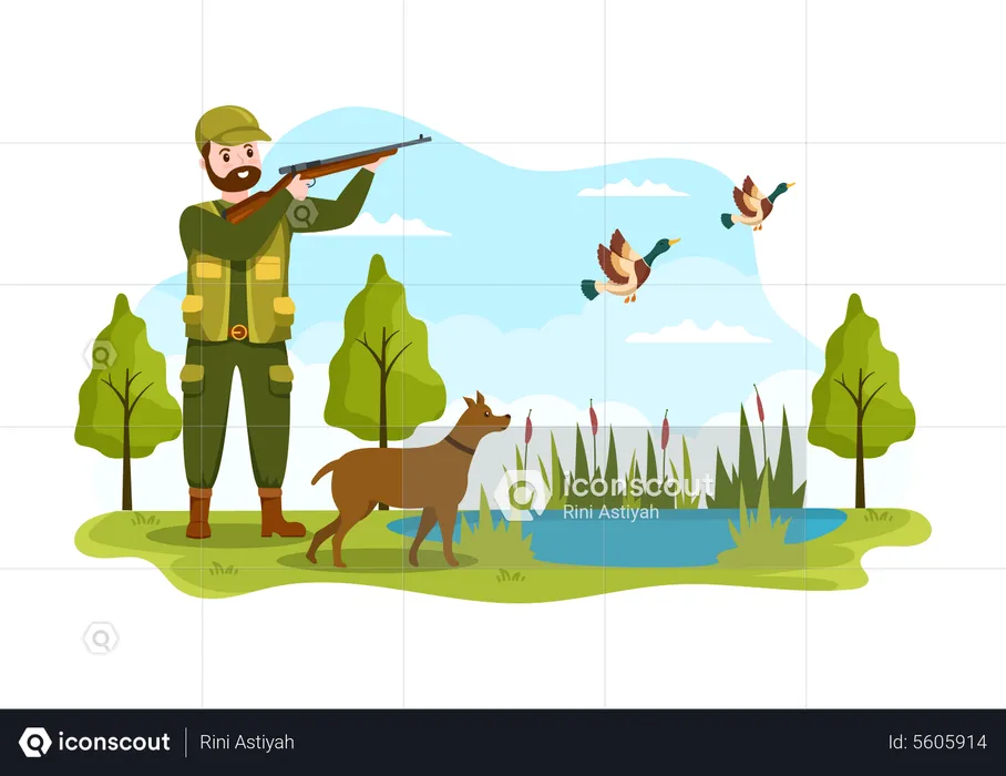 Male Hunter with Hunting Rifle  Illustration
