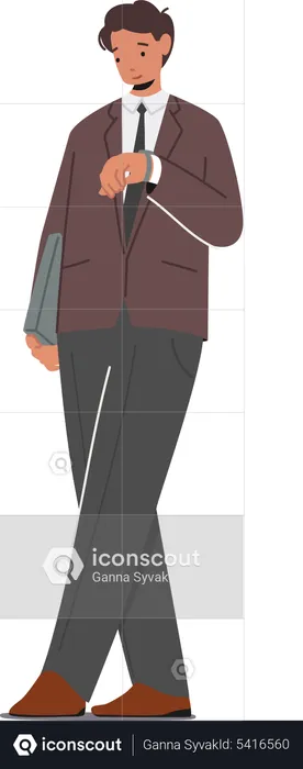 Male in Formal Suit with Bag Look at Wrist Watch  Illustration