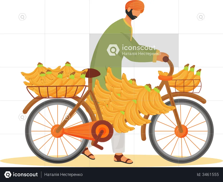 Male Indian carrying bananas on bicycle  Illustration