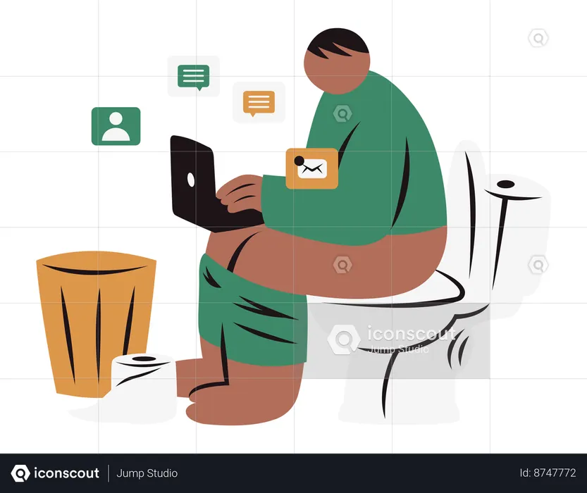 Male is working on a laptop while sitting on the toilet  Illustration