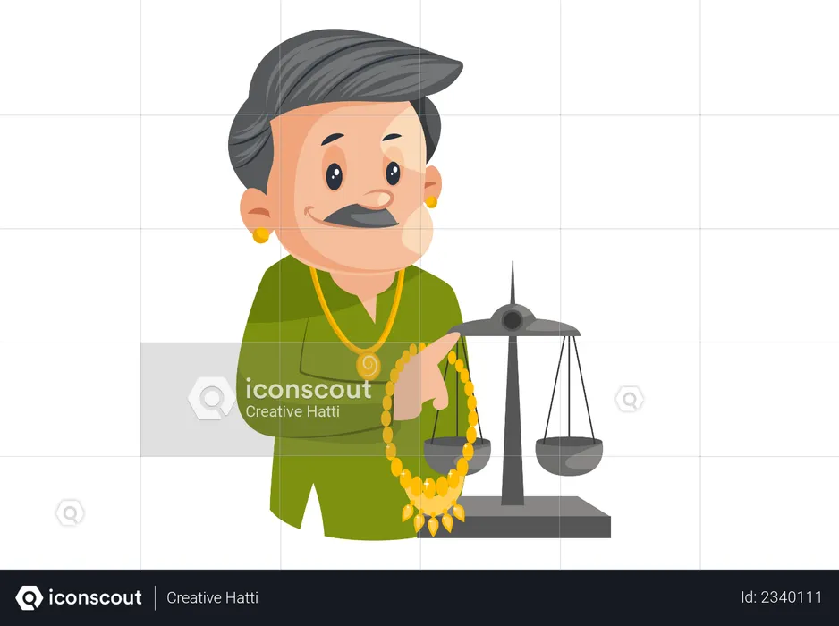 Male Jeweler Holding Gold Chain In Hand And Weighing It  Illustration