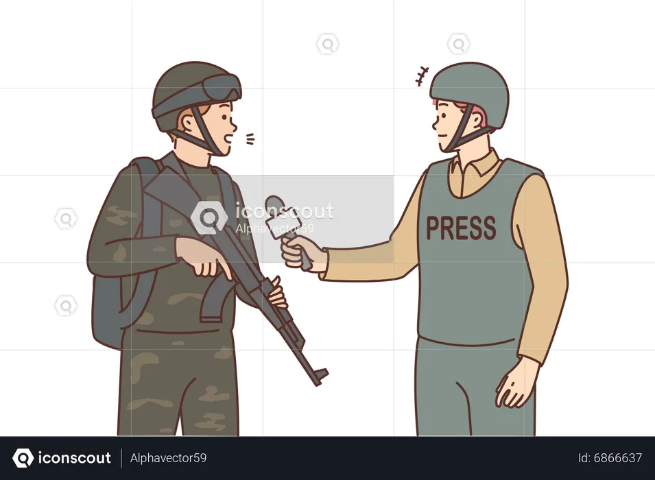 Male journalist taking interview of soldier at war  Illustration