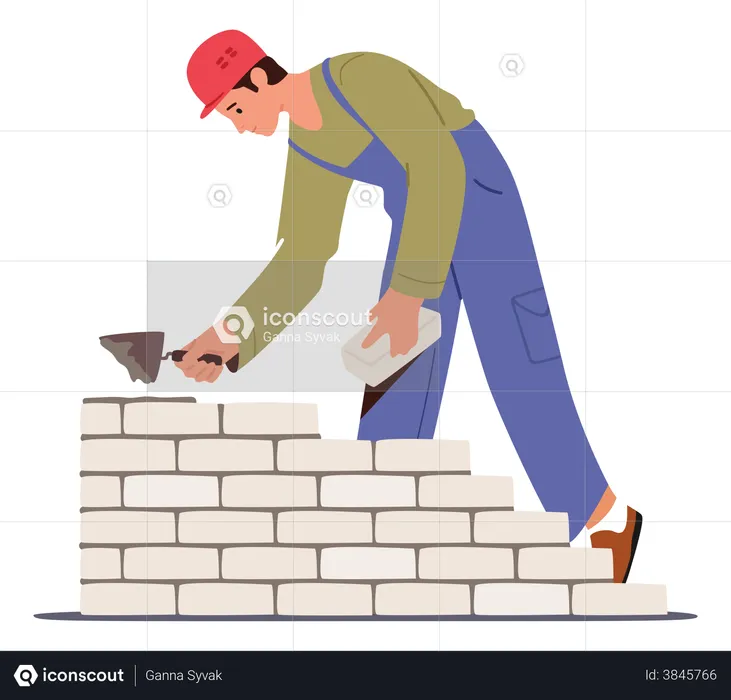 Male labor laying bricks at site and making wall  Illustration