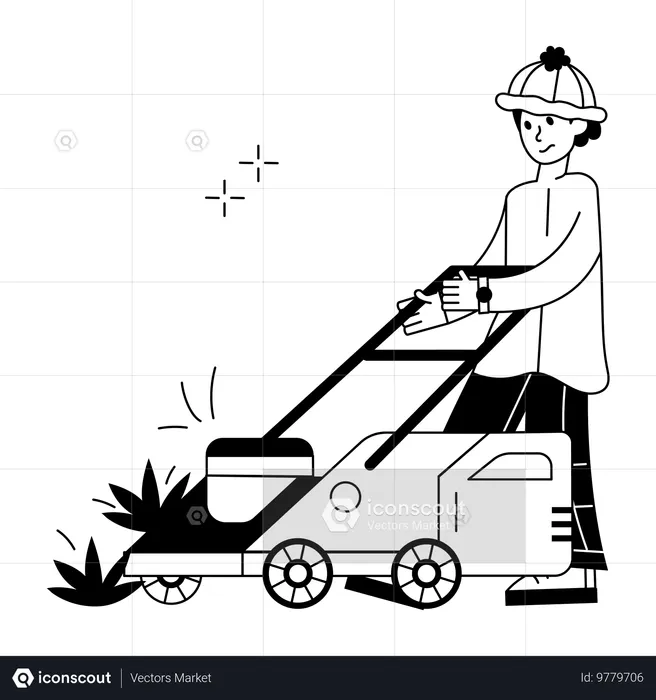 Male Lawn Mower cutting grass in garner  Illustration