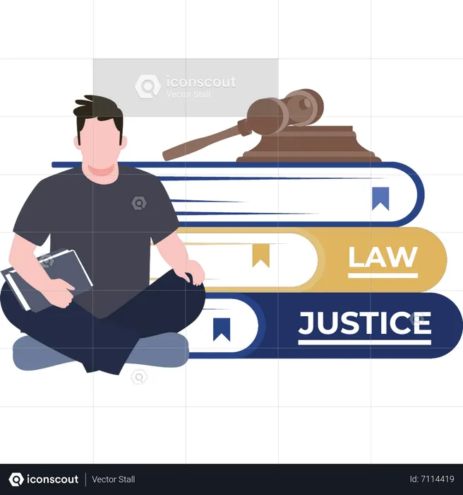 Male lawyer is sitting next to the law books  Illustration