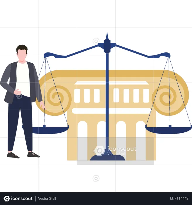 Male lawyer stands near the scale of justice  Illustration