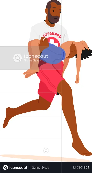 Male Lifeguard Carrying Unconscious Boy in Arms  Illustration