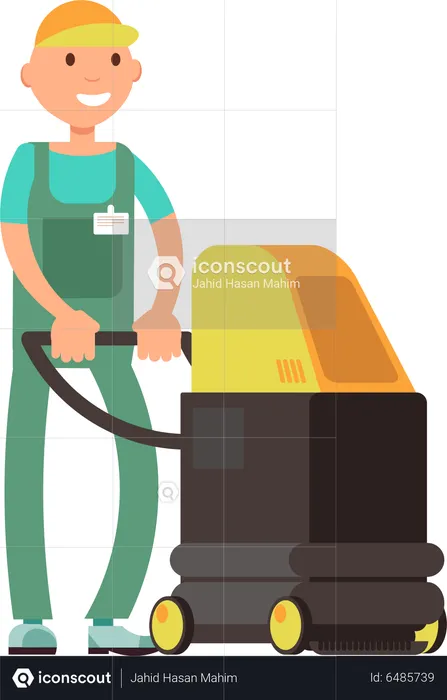 Male maid with grass cutting machine  Illustration