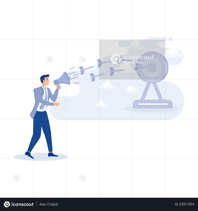 Male marketer talk on megaphone with archer hit target bulls eye  Illustration