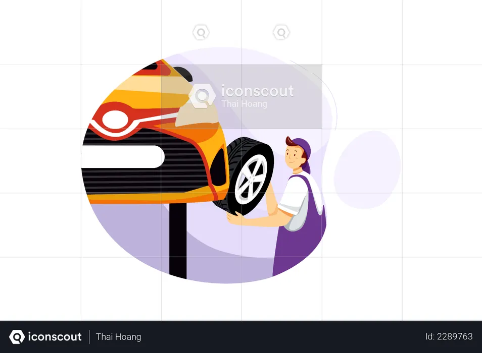 Male mechanic changing tyre of car  Illustration