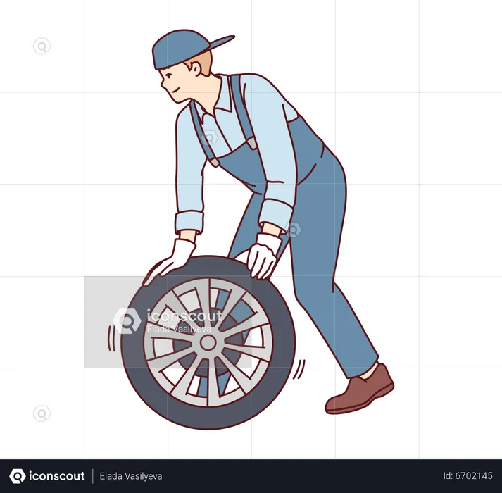 Male mechanic repairing tire  Illustration