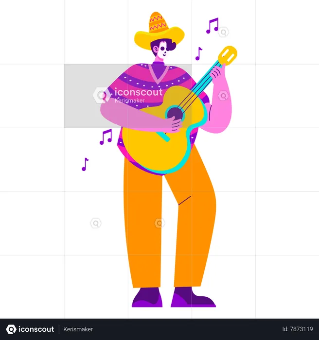 Male Mexican Musician Playing Guitar  Illustration