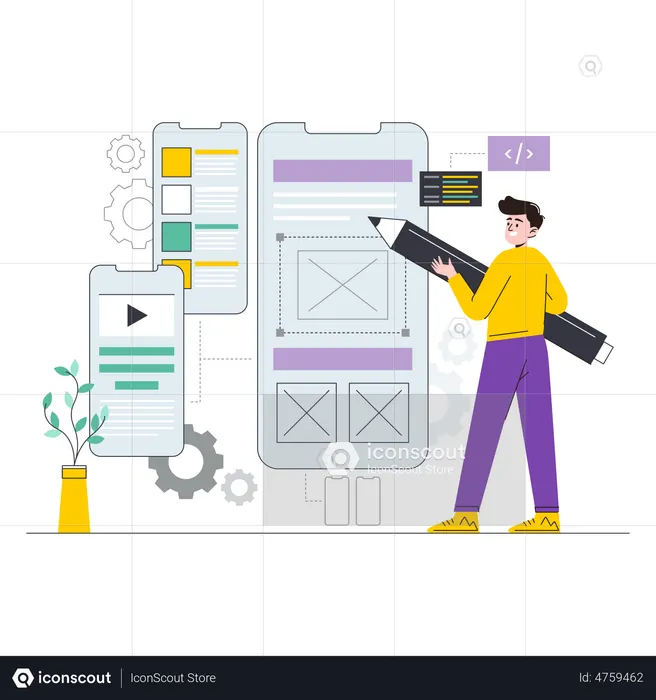 Male mobile application designer working on design project  Illustration