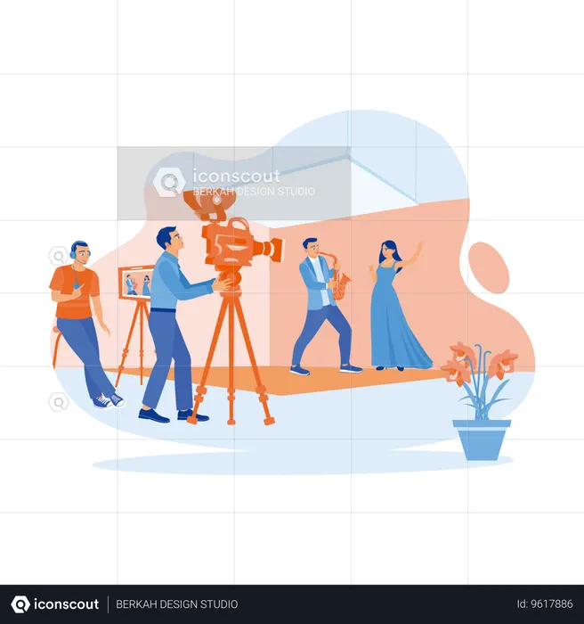 Male model plays musical instrument and female model sings  Illustration