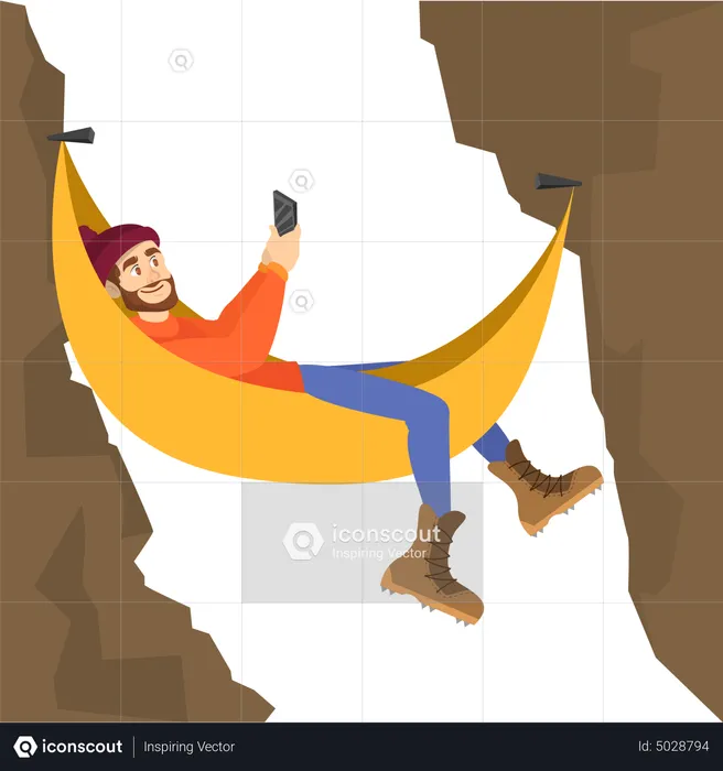 Male mountain climber resting in the hammock  Illustration
