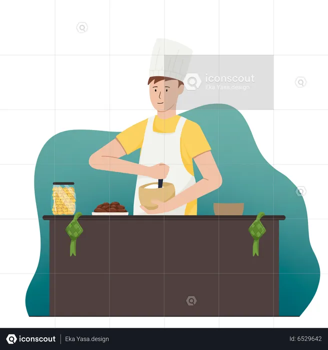Male muslim chef cooking food in kitchen  Illustration