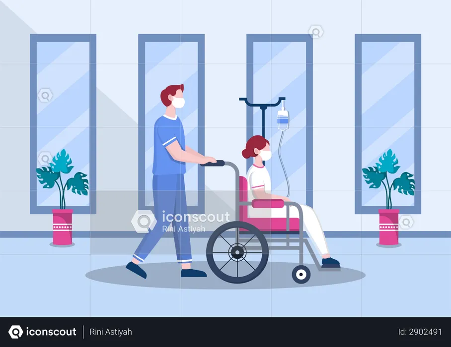 Male nurse Helping Patient on Wheelchair  Illustration