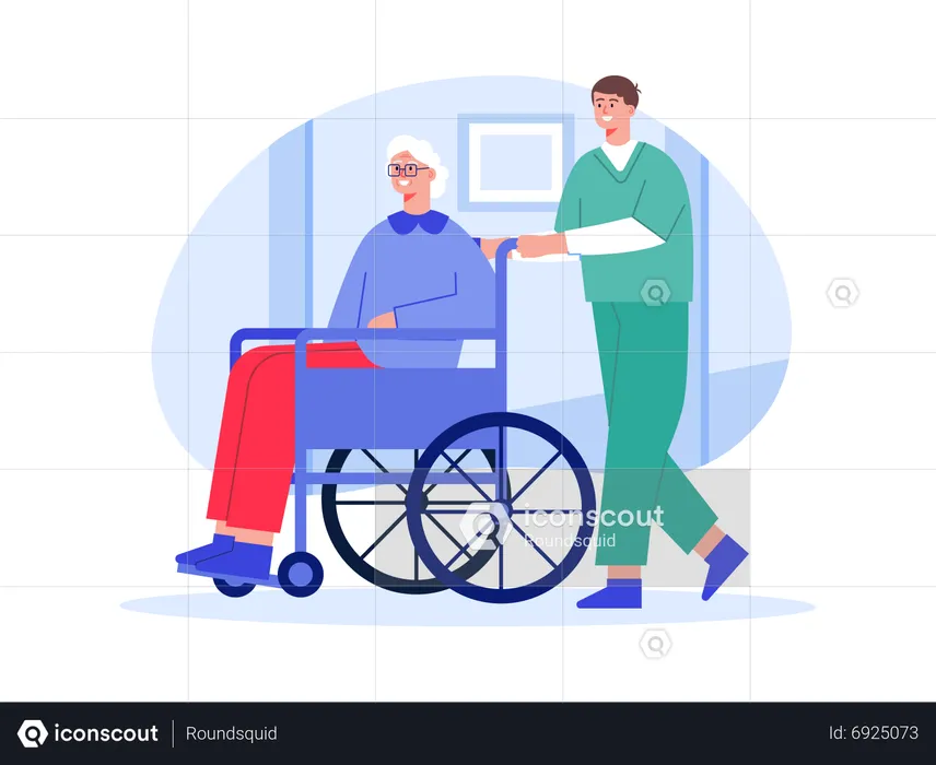 Male nurse pushing wheelchair of aged woman  Illustration