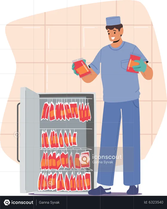 Male nurse put bloodbag into refrigerator  Illustration
