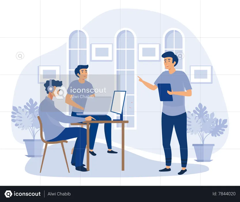 Male Office Workers Discussing on New Business Project  Illustration