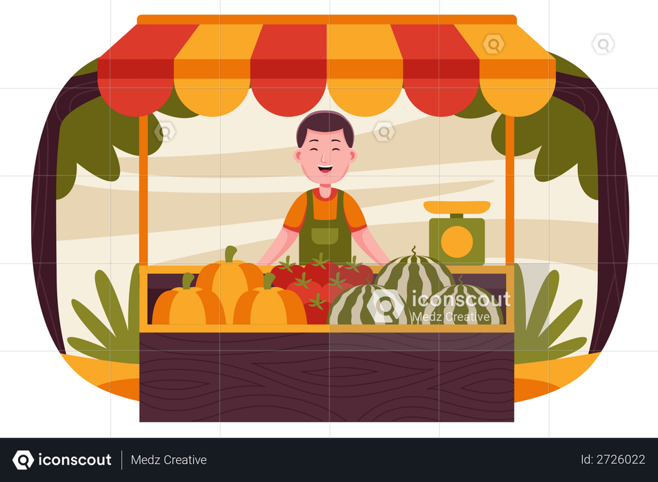 Male owner standing at his vegetable stall Illustration