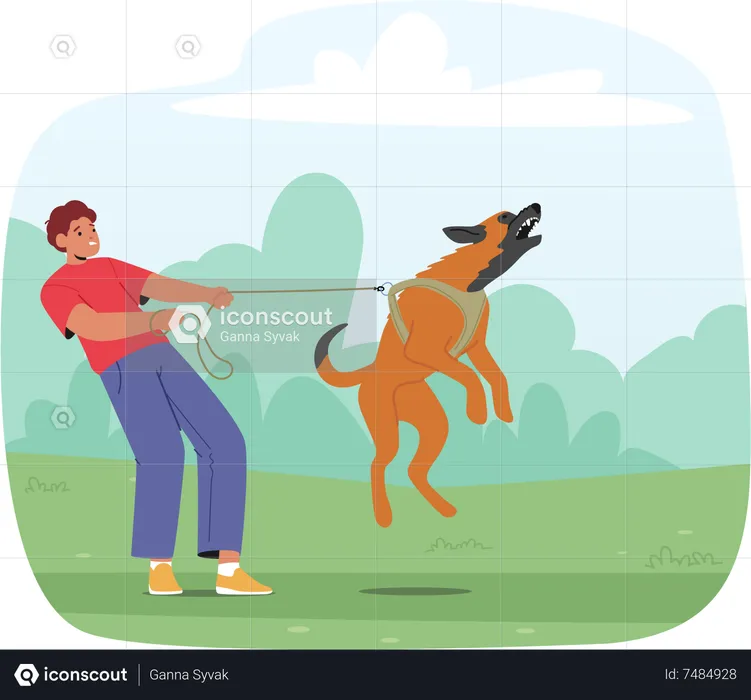Male owner struggling to control aggressive dog  Illustration