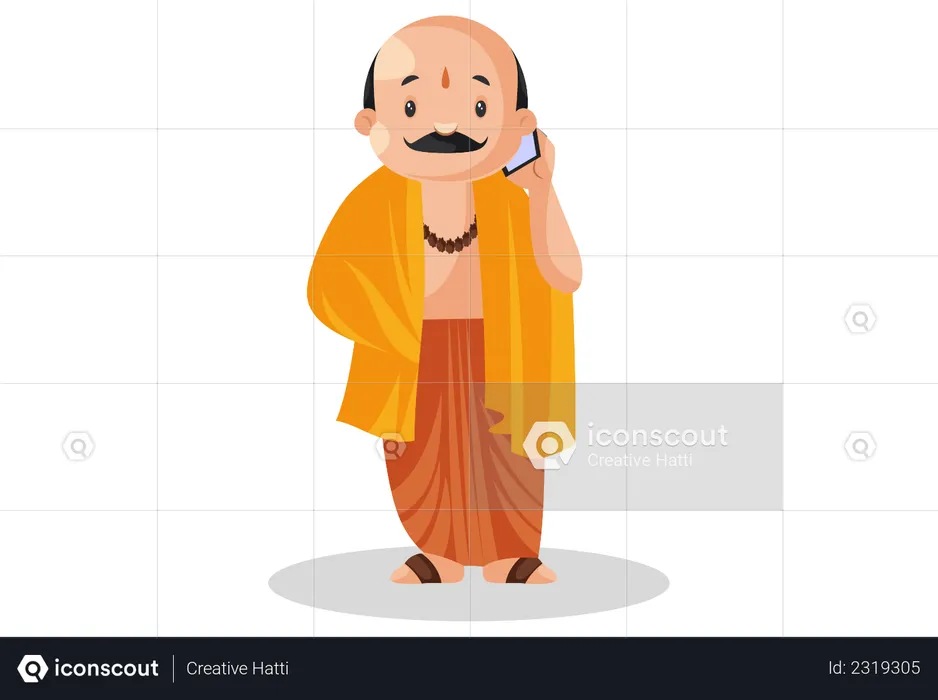Male pandit talking on phone  Illustration