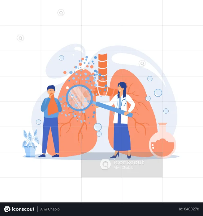 Male patient with anaphylactic symptoms and doctor with magnifier  Illustration