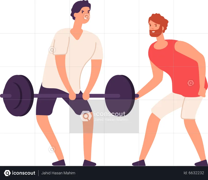 Male personal coach helps bodybuilder guy training exercising gym  Illustration