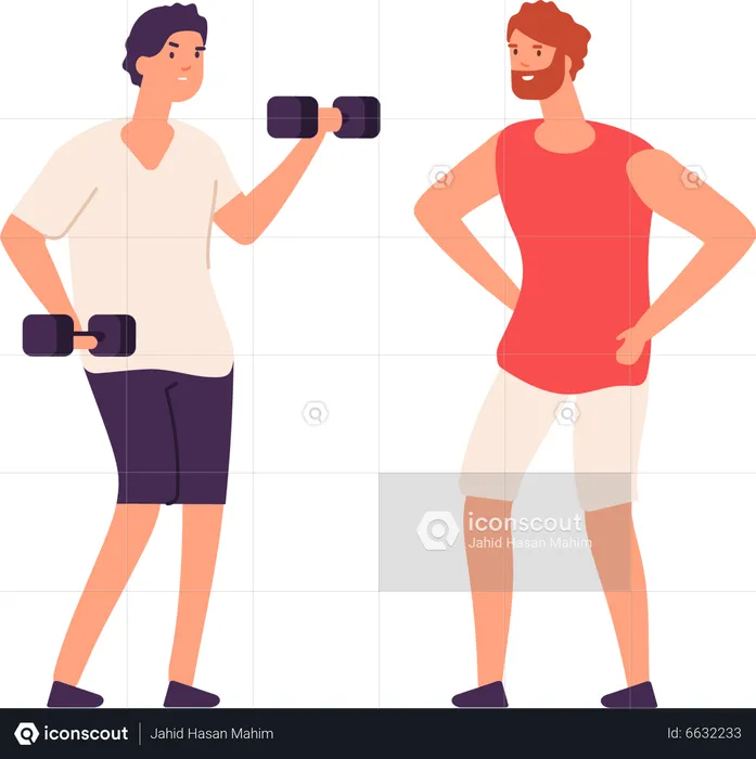 Male personal coach helps bodybuilder guy training exercising gym  Illustration
