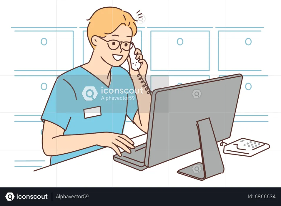 Male pharmacist working on computer  Illustration