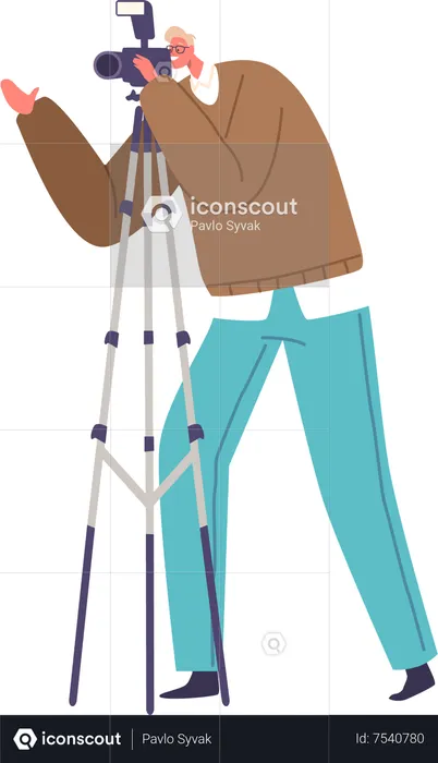 Male Photographer Capturing Moments With Camera on Tripod  Illustration