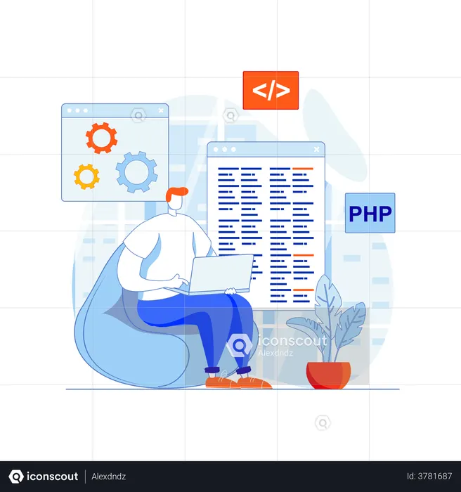 Male PHP developer working on a project  Illustration