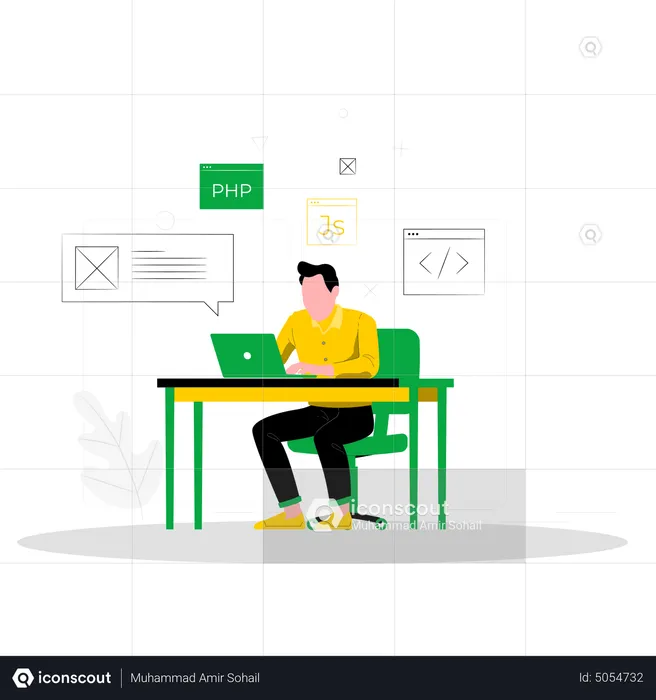 Male PHP developer working on desk  Illustration